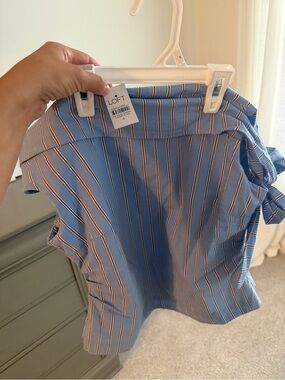 LOFT Blue Striped Off-Shoulder Blouse with Rust Accents